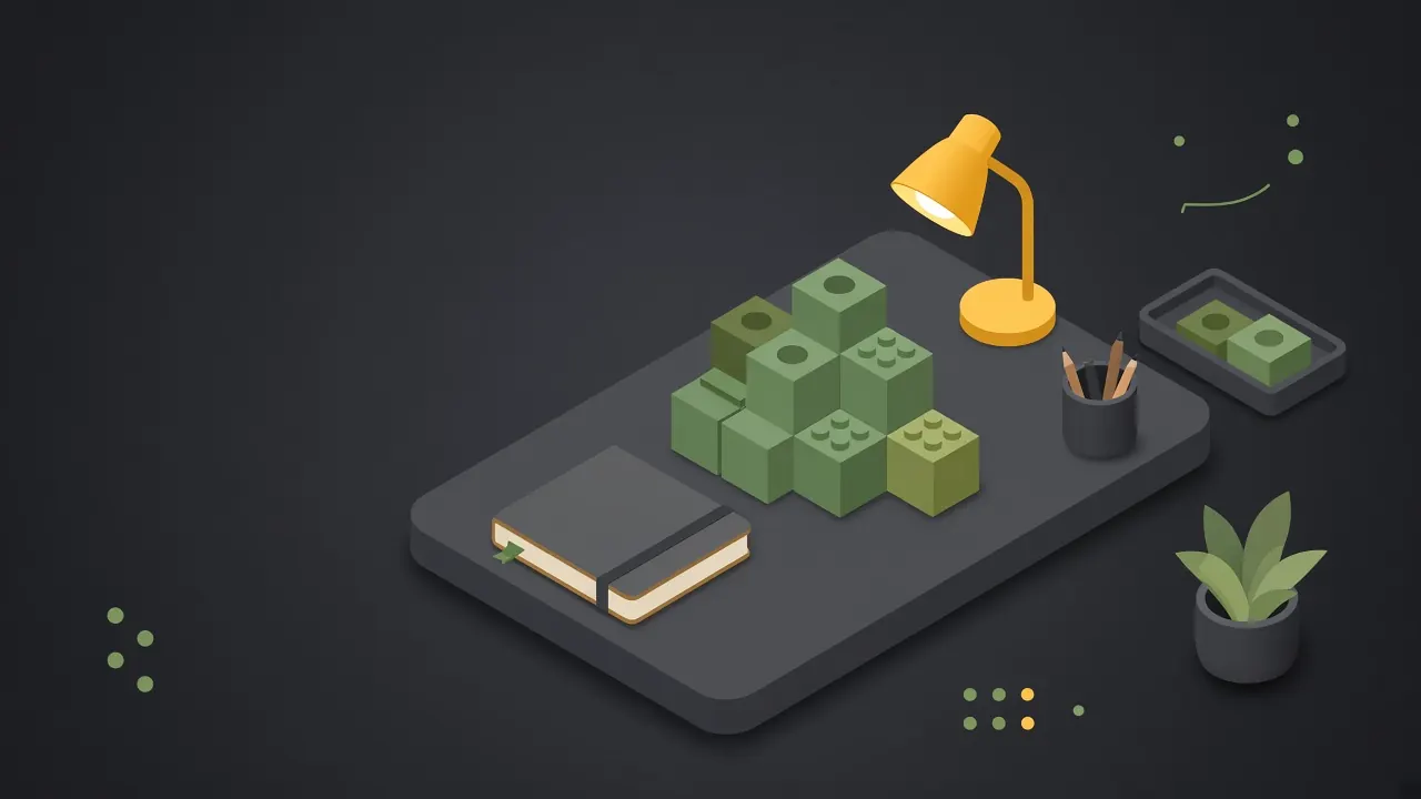 Illustration of a cozy workshop desk with cubic blocks