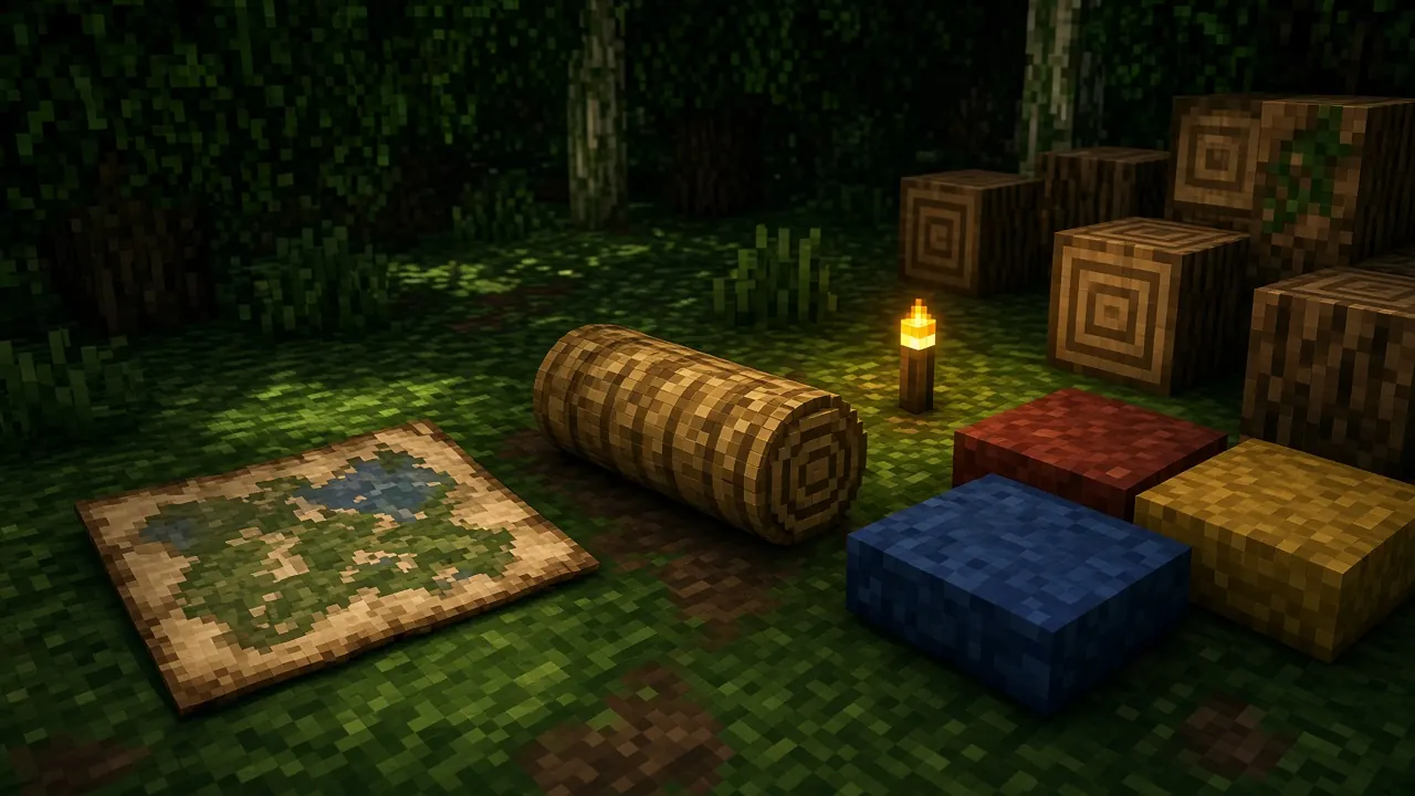 Wilderness Bound supplies including maps, straw bedding, and colorful cushions