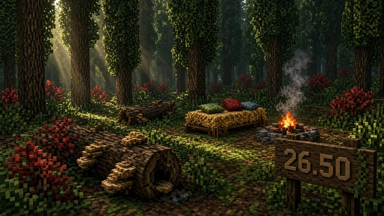 Wilderness Bound campsite with poplar trees, cushions, and a 26.50 sign