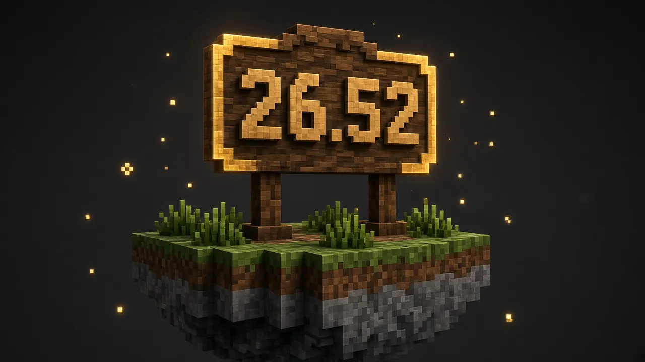 Minecraft Bedrock version 26.52 sign on a grass and stone platform