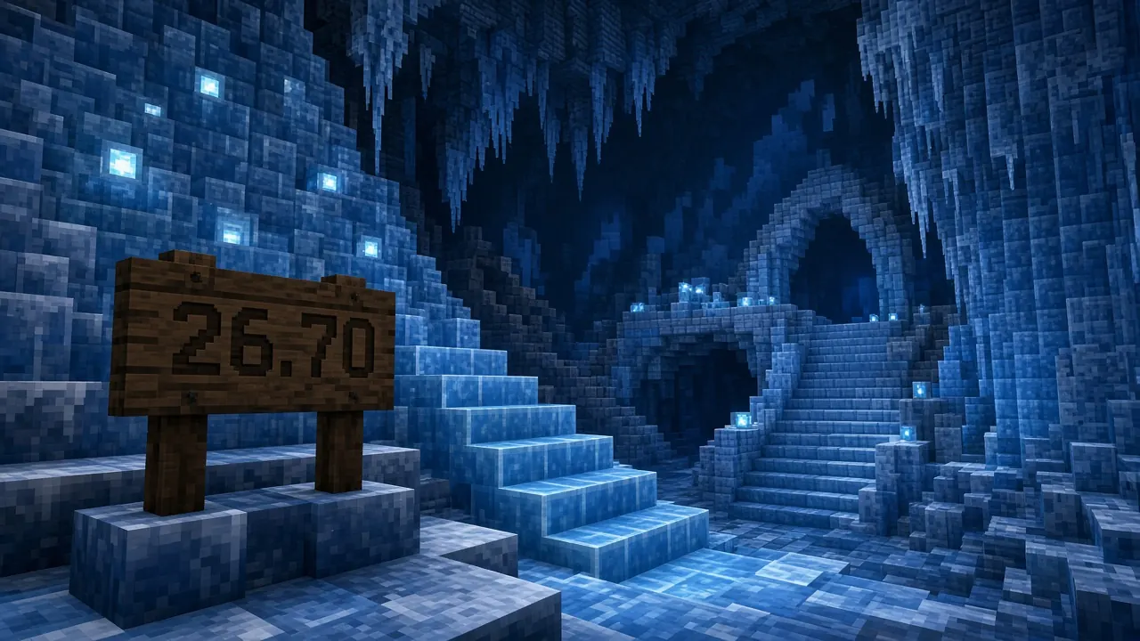 Icy packed-ice architecture with a carved 26.70 sign