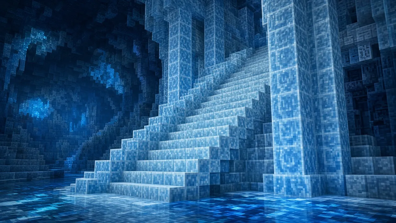 Packed ice brick stairs and pillars in a frozen cavern